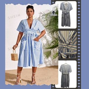 SHEIN Slayr Plus Size Striped Printed Deep V-Neck Stitched Pocket Belted Casual